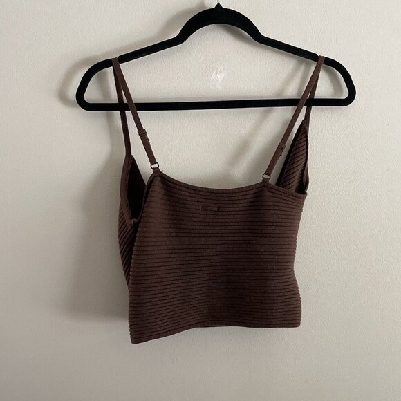 Aerie Women L Brown Ribbed Knit Wool Blend Crop Cross Front Sweater Tank Top NWT - Picture 13 of 14